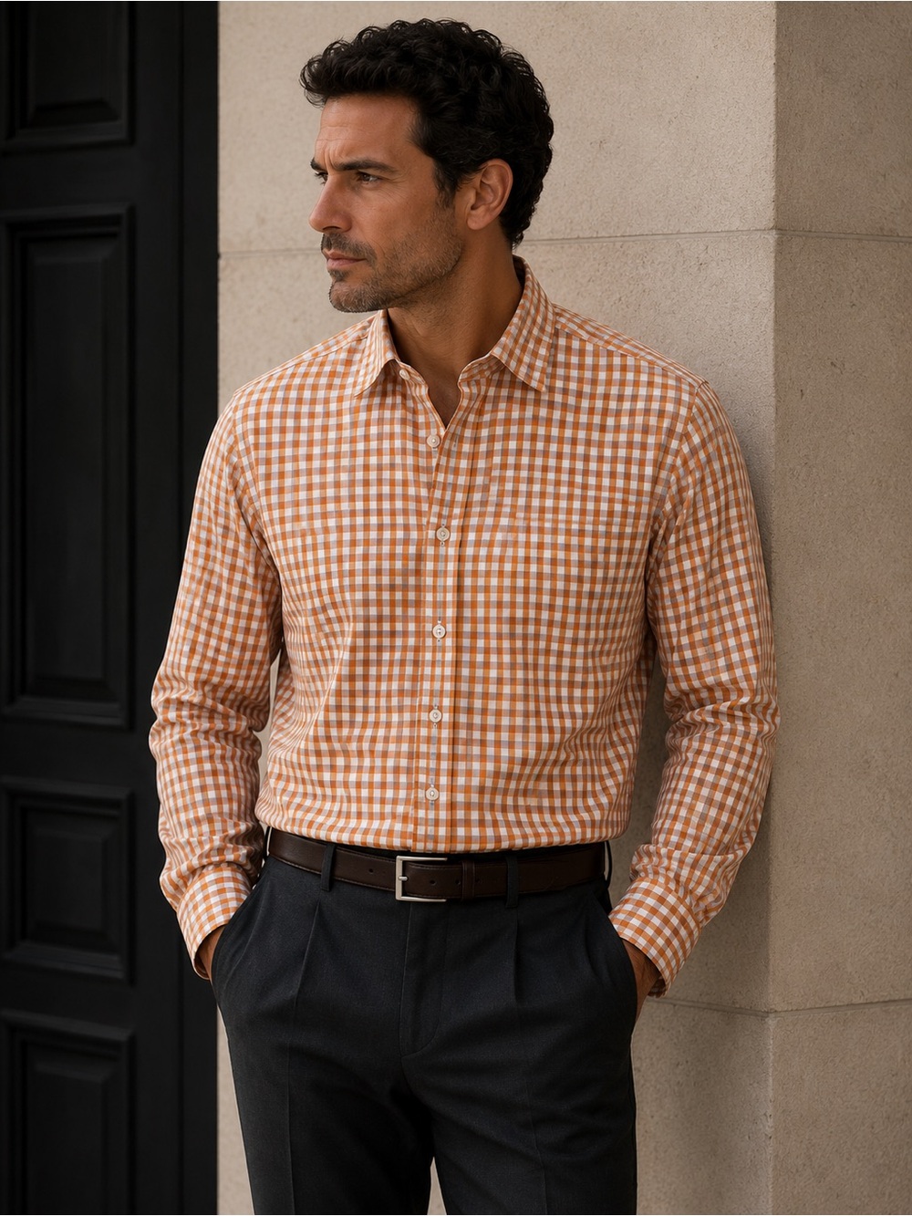 Brioni Orange and White Checked Button-Down Shirt
